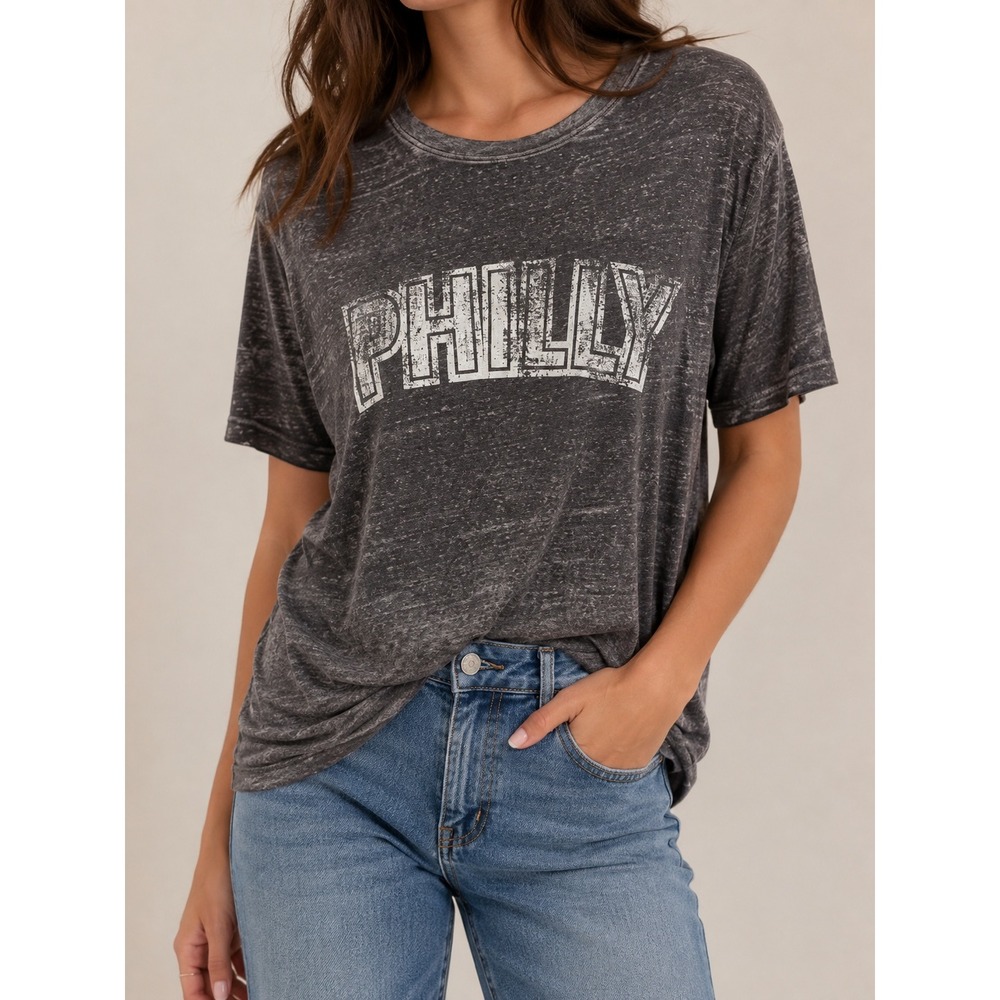 Free People We The Free Philly Graphic Tee XS Gray Oversized Distressed T-Shirt